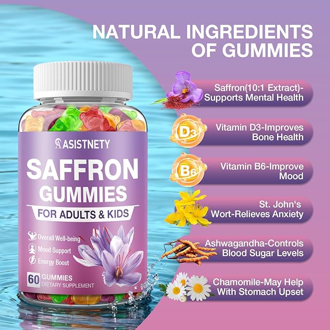 Saffron Gummies for Kids &amp Adults 88.5mg Saffron Extract Cαlm Focus &amp Mood Support Saffron Supplement with L-Theanine St.John's Wort Lemon Balm Vitamin D3 Magnesium Gentle Nerve &amp