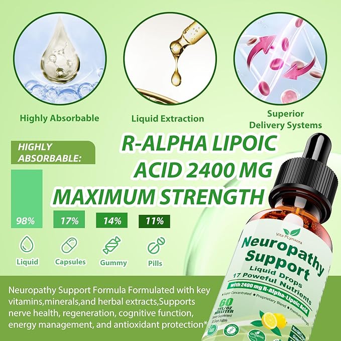 Neuropathy Supplements Liquid Drops Advance 17-in-1 Stabilized R-Alpha Lipoic Acid (R-ALA) w. Acetyl L-Carnitine Vitamin B-Complex Magnesium High Potency R-Lipoic Acid for Nerve Antioxidant Energy