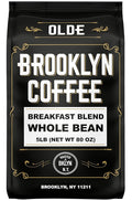 BROOKLYN COFFEE Whole Bean Breakfast Blend Light Medium Roast (5lb) Delicate Smooth Low Acidity - Fresh Bulk Coffee Beans Roasted Weekly in NYC