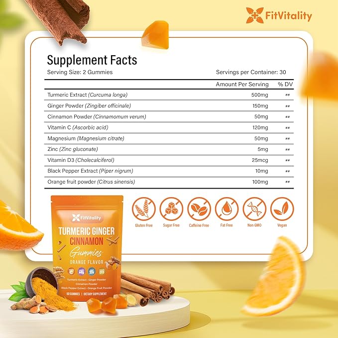 Premium 120 Turmeric Ginger Cinnamon Gummies – Vegan Gummies with Vitamin E B12 Magnesium Black Pepper Extract &amp Vitamin D3 – Orange Fruit Flavor