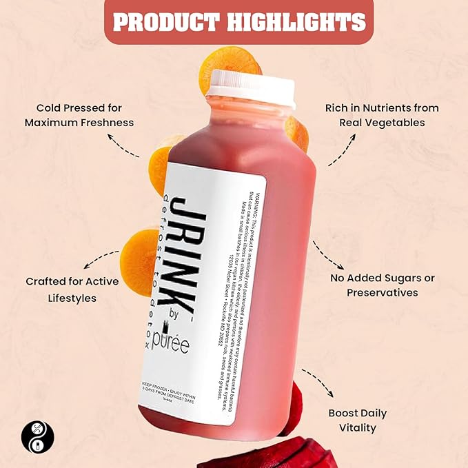 JRINK by Purée Raw Beet Juice Cold Pressed OrganicFruit and Vegetable Drink Stamina and Energy Boost Cleanse Gluten Free Healthy Cleanse with Ginger Blend 16 fl oz Bottles Pack of 12