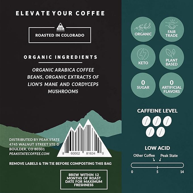 Peak State Brain Sustain Coffee with Benefits Light Roast – Mushroom Coffee Low Acid &amp Smooth Sweet Citrus &amp Lemon Organic Whole Bean Gluten Free 12 oz. Each