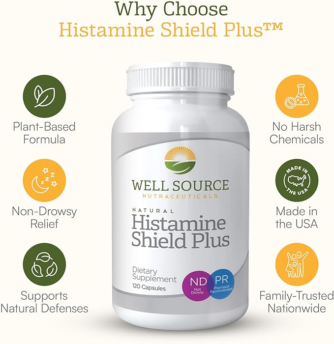 Histamine Shield Plus™ Natural Antihistamine Supplement for Adults Sinus &amp Allergy Relief for Pollen Pet Dander Dust Mold and Odors Quercetin with Bromelain &amp Stinging Nettle 120 Capsule