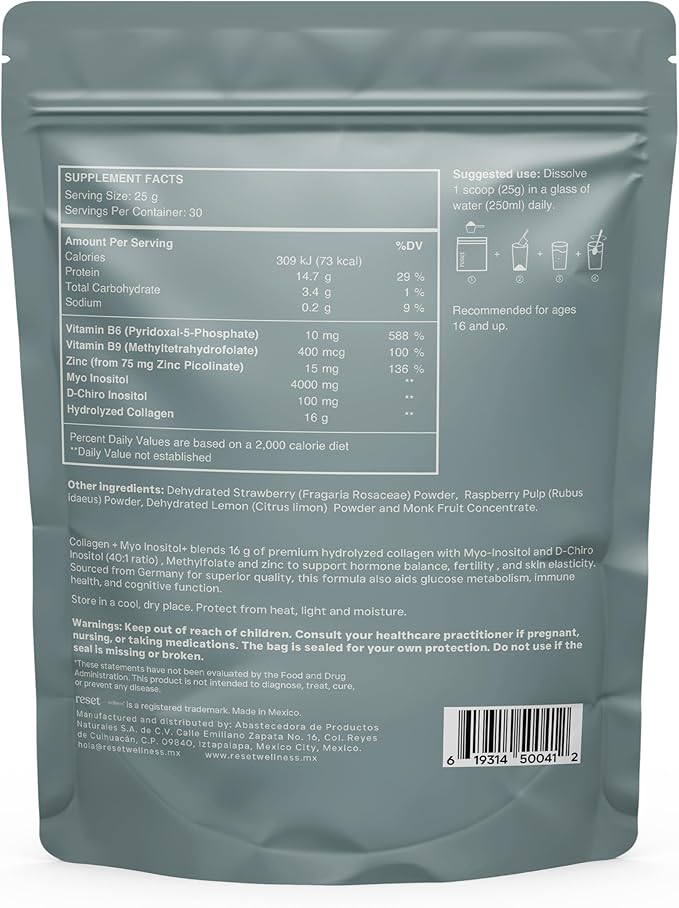 MYO INOSITOL Collagen+ Myo-Inositol &amp D-Chiro Inositol (40:1) Hydrolyzed Collagen Folate Zinc &amp Vitamin B6 Hormonal Balance Fertility Skin &amp Hair Support Strawberry Lemonade 750 g