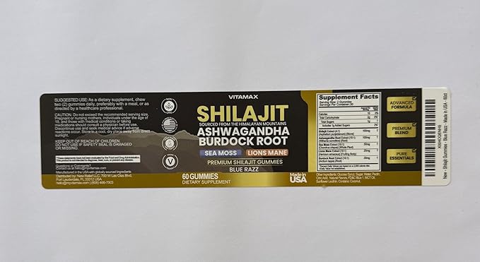 Pure Shilajit Gummies Sea Moss Ashwagandha 105+ Trace Minerals – Organic Burdock Root &amp Lions Mane Mushroom - Blue Razz – Vegan &amp Non-GMO – Made in USA – 60ct