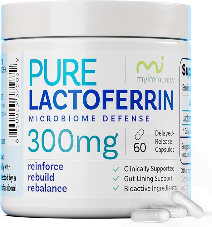 Pure Lactoferrin Microbiome Defense - 300mg Delayed Release Capsules Non-GMO Iron Absorption &amp Immune System Support Lactoferrin Supplements for Adults Gluten-Free (60 Capsules)