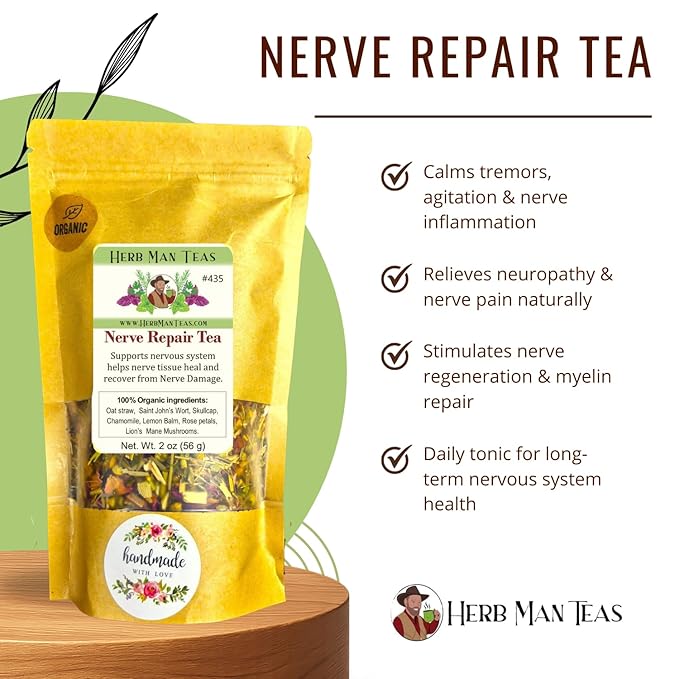 NERVE REPAIR TEA with Lions Mane Mushrooms for tremors &amp nerve damage formulated by master herbalist Khabir – 100% Organic Non-GMO no additives