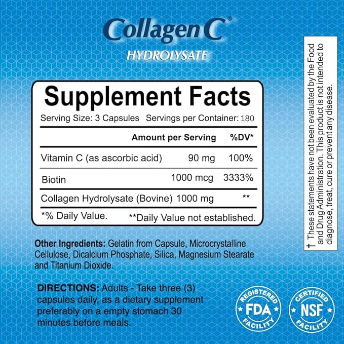 ALFA VITAMINS CollagenC Collagen Hydrolysate Capsules with Biotin - Anti-Aging Nutritional Supplement for Skin Nails &amp Hair Rejuvenation - Supports Bone &amp Muscle - Made in USA - 180 Capsules