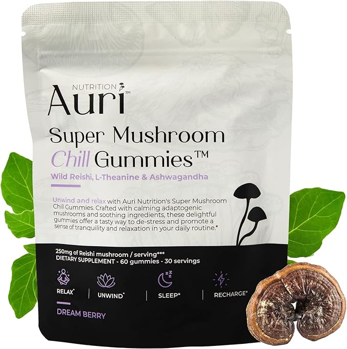 Auri Nutrition Super Mushroom Chill Gummies - Natural Calming Aid &amp Stress Reduction Supplement for Adults w/Reishi Mushroom Ashwagandha L-Theanine- Unwind Mind &amp Harmonize Your Day- 60 Calm