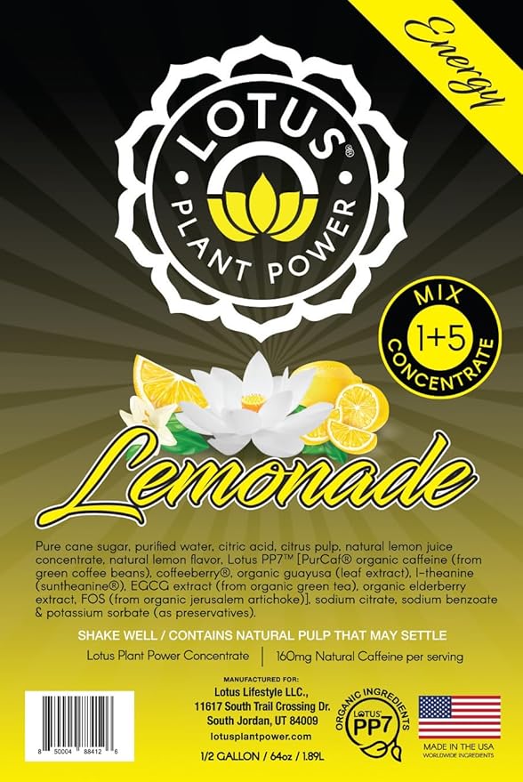 Lotus Energy Lemonade | Cane Sugar | 64 fl. oz | 1:5 Energy Concentrate | Natural Caffeine from Green Coffee Bean