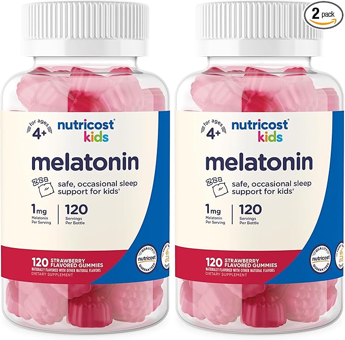 Nutricost Kids Melatonin Gummies 1mg 120 Gummies Strawberry Flavored (Pack of 2)