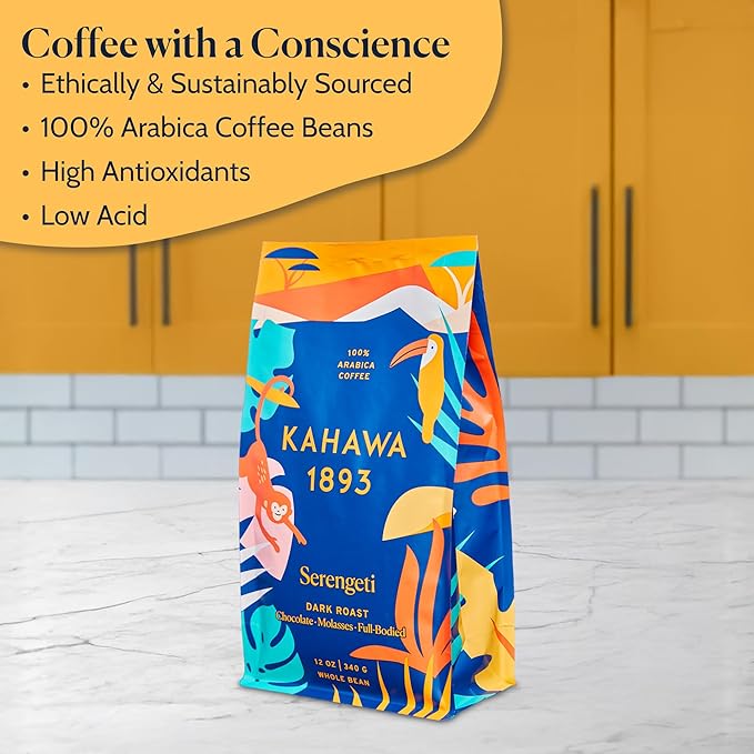 Kahawa 1893 Whole Bean Coffee Dark Roast Serengeti Blend 24 Oz - As Seen on Shark Tank Low Acid High Antioxidants Naturally Sweet Organically Grown Ethically &amp Sustainably Sourced