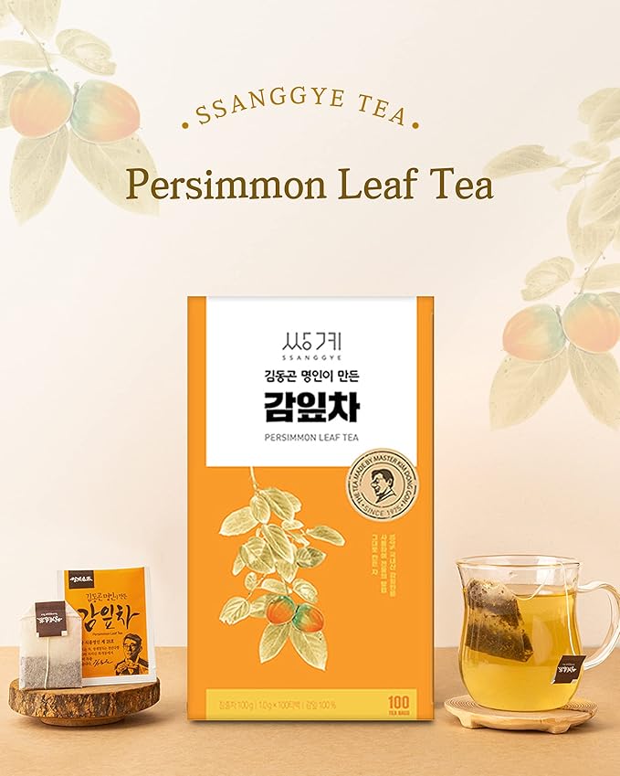 Ssanggye Persimmon Leaf Tea 1.0g x 100 Tea Bags Bulk Size Premium Korean Herbal Hot Cold Hygienic Single Tea Vitamin Mineral Content Herb Soft Taste Traditional Oriental 감잎차 4 Seasons Made in Korea