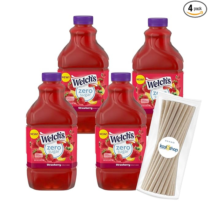 Welch's Zero Sugar Strawberry Fruit Juice Drink 64 fl oz Plastic Bottles 4 Pack + 15 Sugarcane Disposable Straws by KOOL8SHOP Infinite Deals