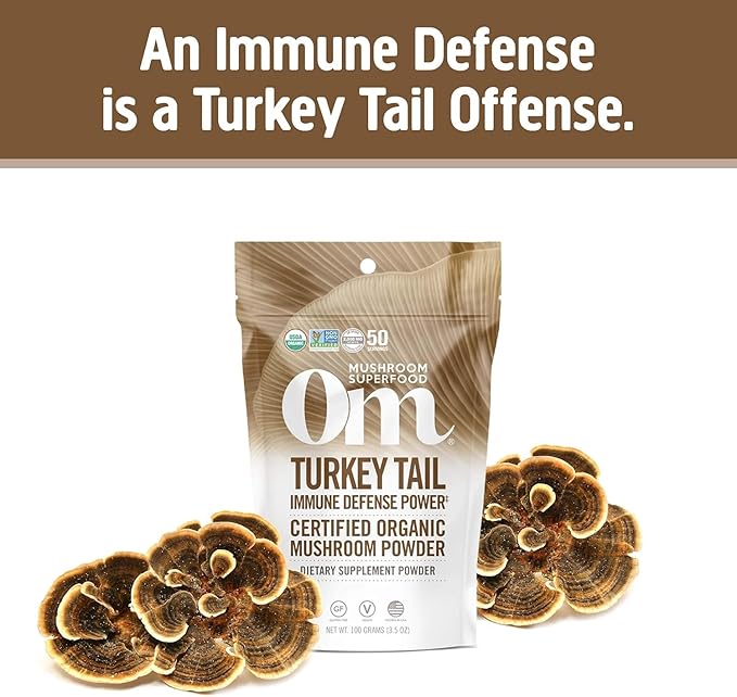 Om Mushroom Superfood Turkey Tail Organic Mushroom Powder 3.5 Ounce 50 Servings Immune Support Polysacchrides Beta-Glucans Gut Health &amp Holistic Defense Mushroom Supplement