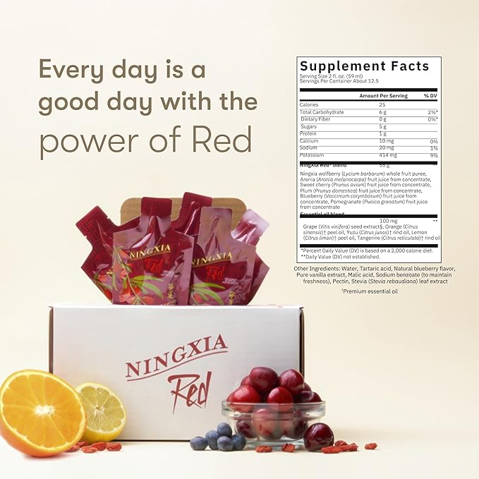 Young Living NingXia Red Antioxidant Drink | 2 fl oz | Superfruit with Wolfberry Blueberry Pomegranate Orange Lemon &amp Yuzu Essential Oils | 30 Pack
