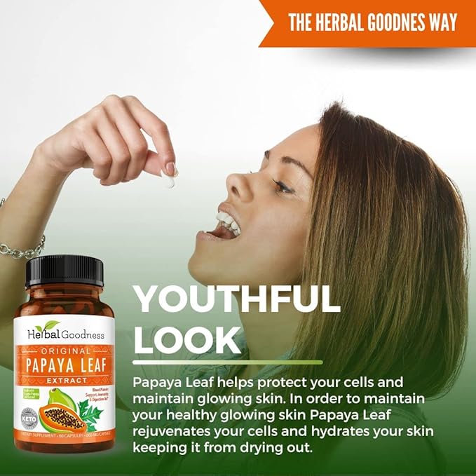 Herbal Goodness Papaya Leaf Extract Digestive Enzymes - 10X Strength 60/600mg Veg Capsules- Blood Platelet Bone Marrow &amp Spleen Support Immune Gut &amp Super Digestive Health - Made in USA