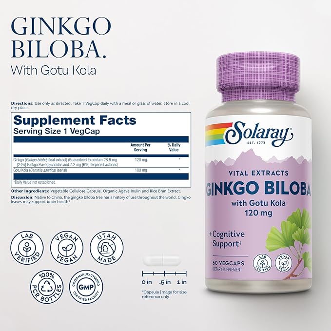 SOLARAY Ginkgo Biloba Extract with Gotu Kola - Ginko Biloba Capsules for Brain Health Support - Vegan Lab Verified 60-Day Guarantee - 60 Servings 60 VegCaps (60 VegCaps)