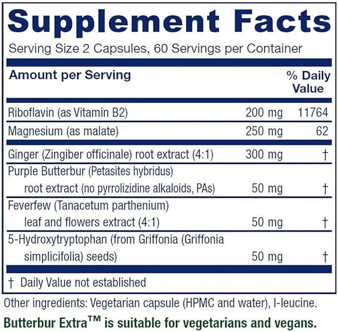 Vitanica Butterbur Extra Brain Chemistry and Vessel Support Vegan 120 Capsules