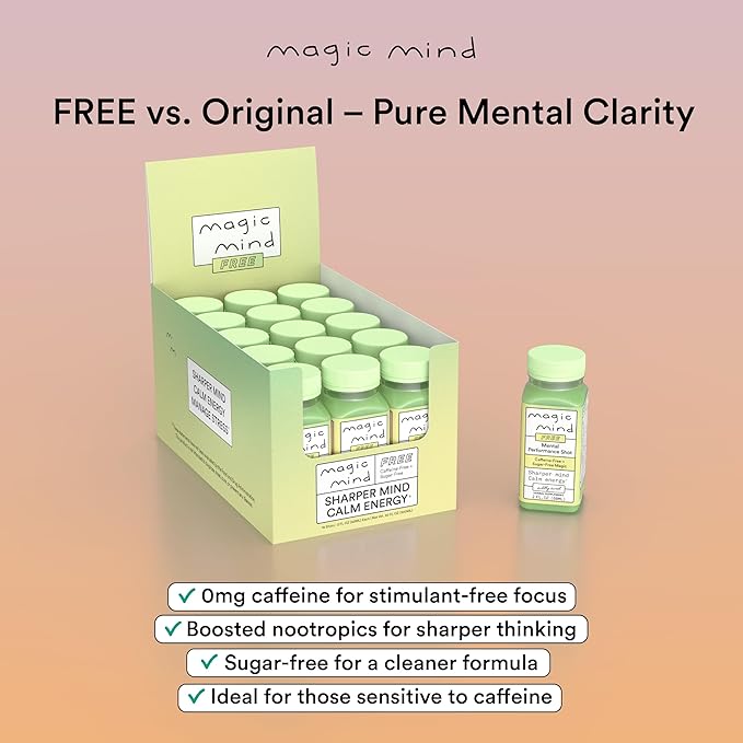 Magic Mind FREE Energy and Focus Drink Shots - Stress Relieving No Jitters Ashwagandha Vitamin B12 Vitamin C Matcha Green Tea Functional Mushrooms Caffeine Free - 2 FL Oz (15 Pack)