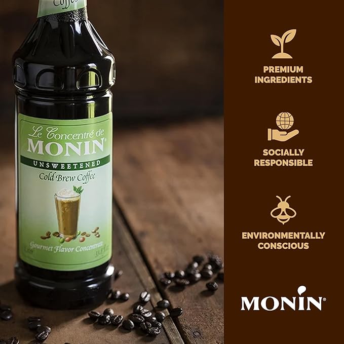 Monin - Premium Unsweetened Cold Brew Coffee Concentrate | Rich Espresso Flavor | Clean Label with No Artificial Flavors No Artificial Preservatives (BPA-Free Plastic Bottle 33.8 fl oz)