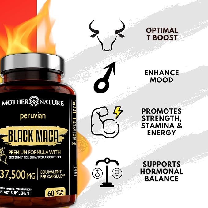 Black Maca Root 50:1 Extract 37500mg – 60 Capsules Organic Peruvian Maca Peruana Supplement for Men | High Potency Energy Mood &amp Performance Support | Vegan Non-GMO