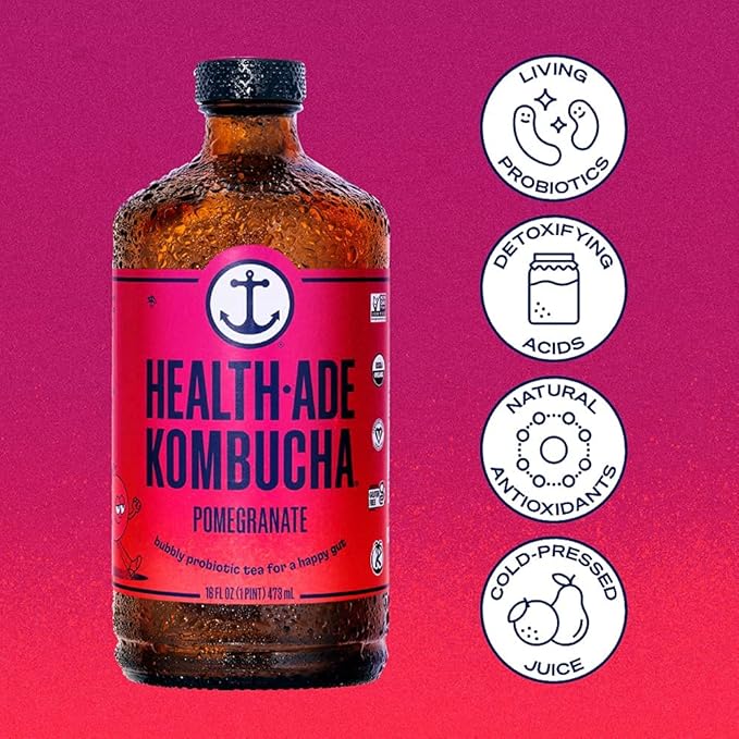 Health-Ade Kombucha Tea Organic Drink Fermented Tea with Living Probiotics Detoxifying Acids Supports Gut Health Non-GMO Vegan Gluten Free 6 Pack (16 Fl Oz Bottles) Pomegranate