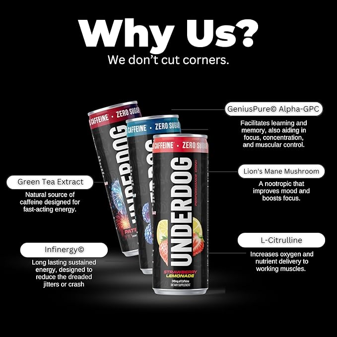 Underdog Performance Energy Drink Variety Nootropics Green Tea Extract Citrulline Clean Sugar Free Fast &amp Slow Release 249mg Caffeine per Serving No Artificial Additives 12 Pack