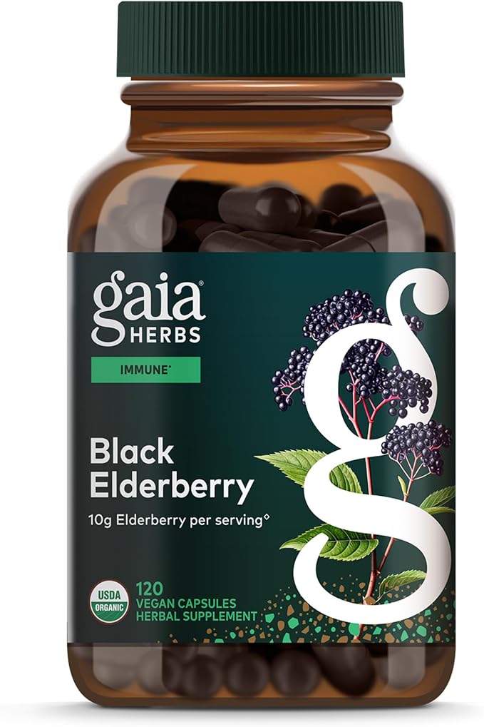 Gaia Herbs Black Elderberry - Daily Immune Support Supplement to Help Support Wellness - with Black Elderberries &amp Acerola Fruit for Antioxidant Support* - 120 Vegan Capsules (60 Servings)