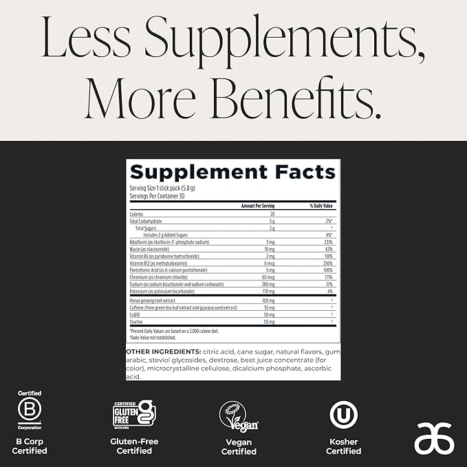 Arbonne Ginseng Energy Supplements - Blood Orange Flavor Fizz Sticks Energy Boost with Caffeine Powder from Guarana and Green Tea Delicious Alternative to Caffeine Pills
