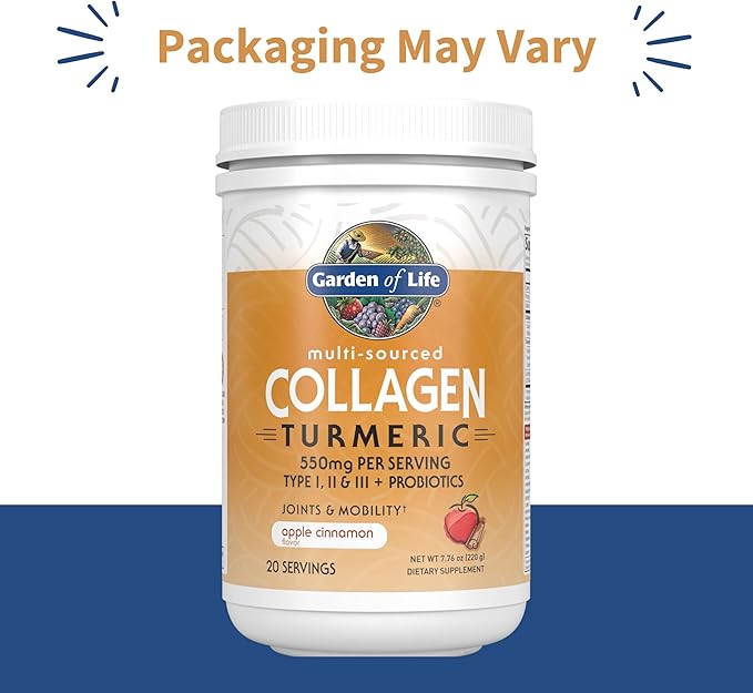 Garden of Life Multi-Sourced Collagen Peptides + Turmeric Powder - Apple Cinnamon 20 Servings for Women Men Joints Mobility Hydrolyzed Collagen Protein Powder Supplements