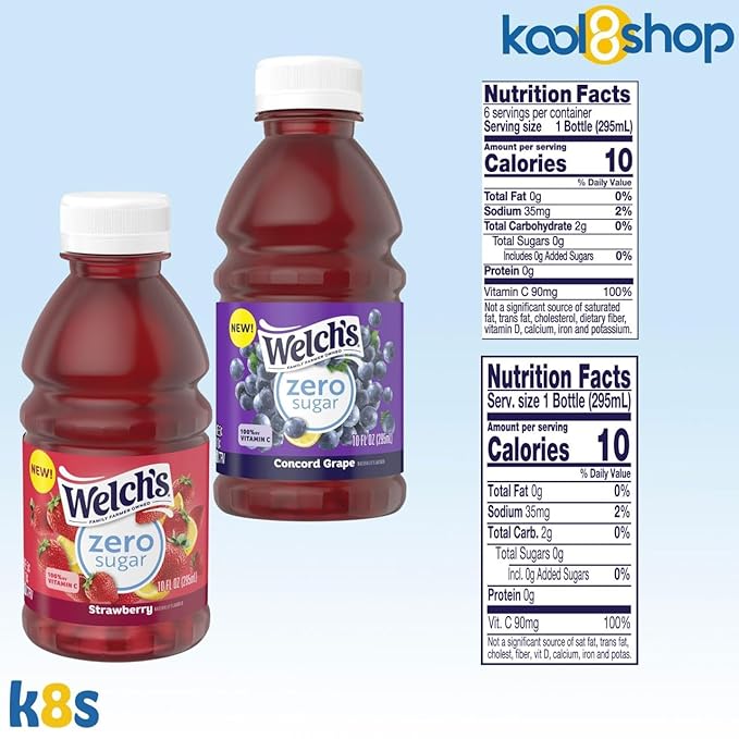 Welch's Zero Sugar Variety Pack Juice Drink 10 fl oz Plastic Bottle 24 Pack + 2 Reusable Snack Bags by KOOL8SHOP Infinite Deals