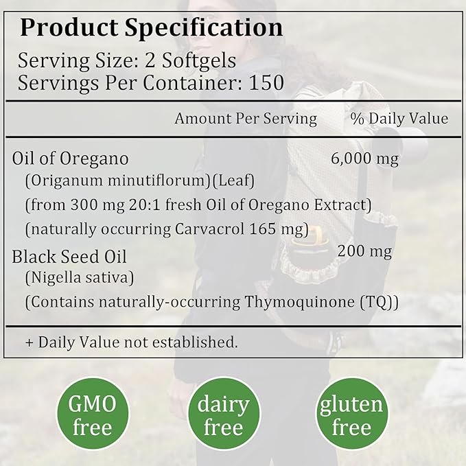 Oil of Oregano with Black Seed Oil 2 in 1 Organic Oregano Capsules for Immune Support &amp Overall Wellness Non-GMO Gluten Free 300 Softgel