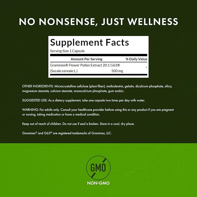 Swanson Maximum Strength Graminex Flower Pollen Extract - Supports Prostate Health Urinary Tract Function and Kidney Health - Mens Health Supplement - (60 Capsules 500mg Each) (4 Pack)