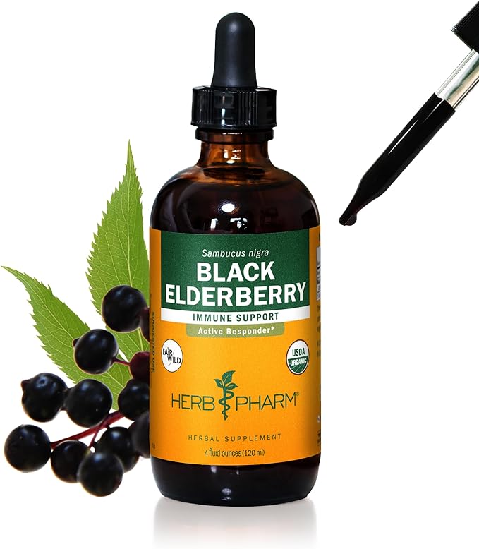 Herb Pharm Certified Organic Black Elderberry Liquid Extract for Immune System Support Organic Cane Alcohol 4 Ounce