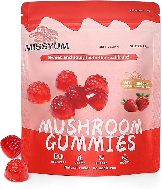 Mushroom Gummies 10-in-1 Adaptogenic Blend Vegan Strawberry 60 Count | with Lion's Mane Reishi Chaga Shiitake &amp More