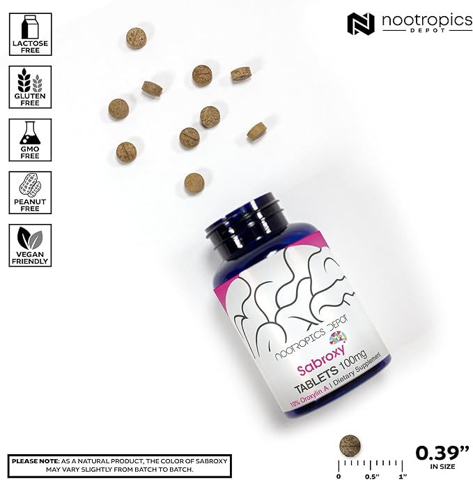 Nootropics Depot Sabroxy® Tablets | 100mg | 90 Count | Minimum 10% Oroxylin-A | Oroxylum indicum | May Help Promote Focus &amp Motivation | May Help Promote Cognitive Function