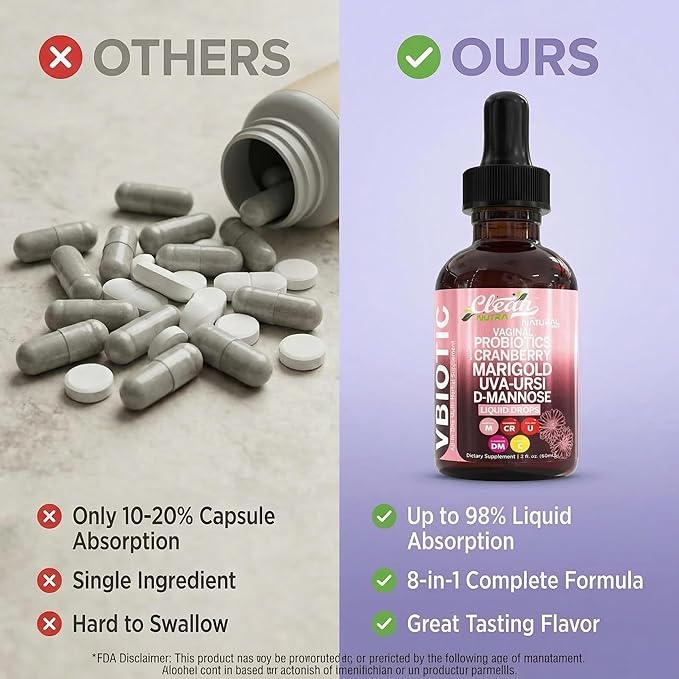 Clean Nutraceuticals VBiotic Vaginal Probiotic for Women Liquid Drops | Cranberry Uva Ursi Horsetail D-Mannose Prebiotics Marigold &amp Black Cohosh Vaginal Health Supplement | pH Balance