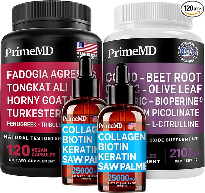 Liquid Collagen Biotin (2pk) Fadogia Tongkat Ali (1pk) and Nitric Oxide (1pk) Supplement Bundle - Potent Vitamins for Hair Skin Nails Heart Energy &amp Testosterone Support - Non-GMO Vegan