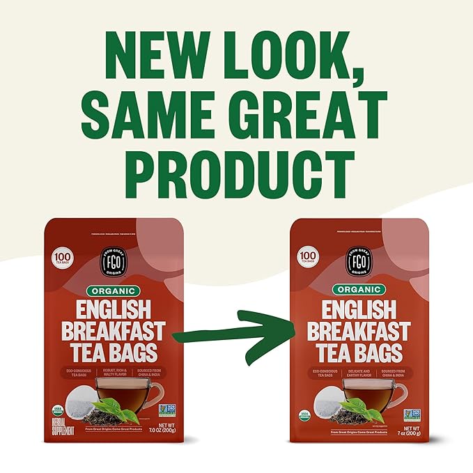 FGO Organic English Breakfast Black Tea 100 Count Eco-Conscious Tea Bags Resealable Bag Packaging May Vary (Pack of 1)