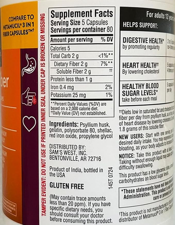 Member's Mark Fiber Capsules 2Pack (400 Count) Psyllium Husk is The #1 Doctor-Recommended Fiber Supplement.
