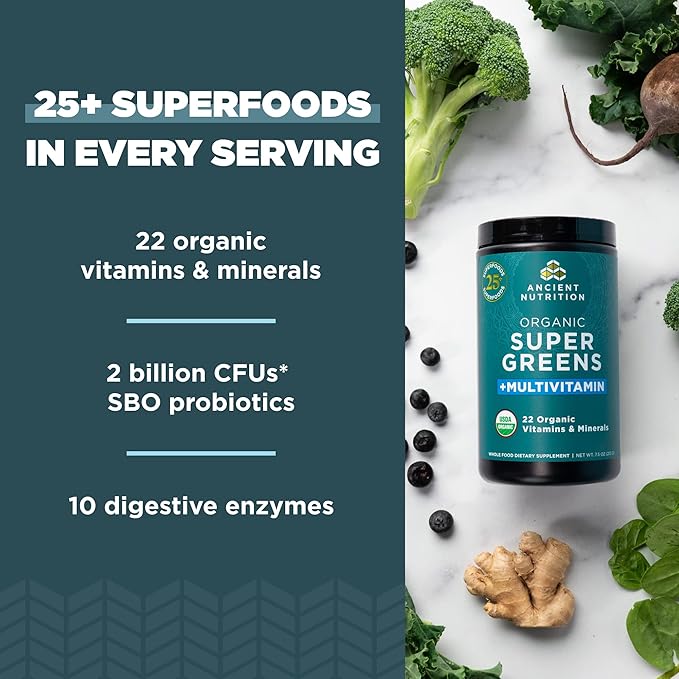 Ancient Nutrition Vitamin Powder One Bottle Made from Real Fruits Vegetables and Herbs for Digestive and Energy Support 25 Servings 7.5oz
