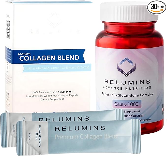 Relumins Premium Collagen &amp Gluta-1000 Bundle – 10 Blueberry Marine Collagen Sachets + 30 Vegetarian Capsules for Skin Hydration Wellness and Daily Nutrient Support