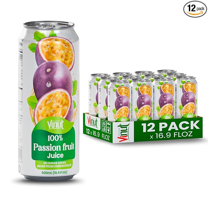 VINUT 100% Passion Fruit Juice No Added Sugar Not From Concentrate 16.9 fl oz (500 mL) Can Pack of 12