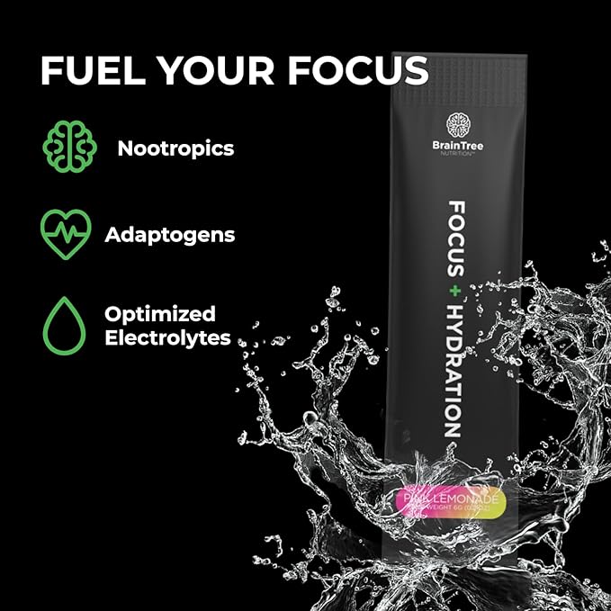BrainTree Nutrition - Focus + Hydration - Electrolyte Drink Mix - Total Body Hydration - Supports Cognitive Function Energy &amp Muscle Recovery - Sugar Free - Pink Lemonade - 30 Stick Packs