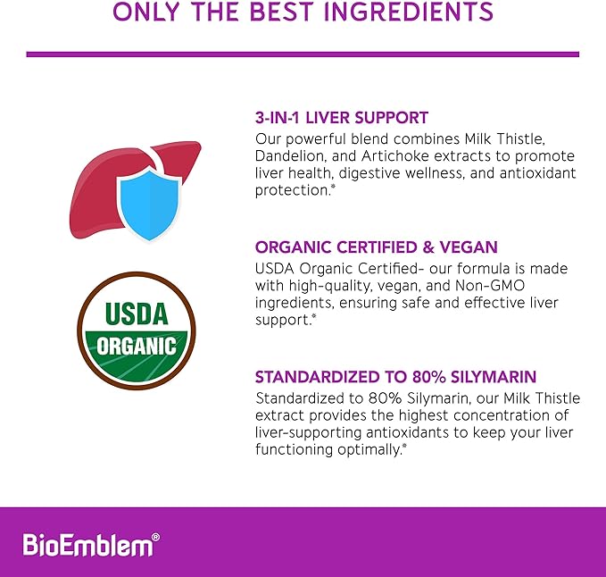 BioEmblem USDA Organic Liver Cleanse - 80% Silymarin Milk Thistle Extract for Liver Health and Liver Function with Dandelion &amp Artichoke Extracts - 100% Vegan Non-GMO - Herbal Liver - 60 Capsules