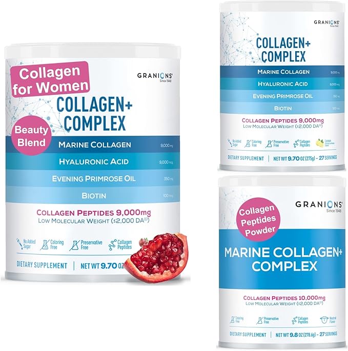 Marine Collagen Powder Trio Bundle – Lemon Pomegranate &amp Unflavored for Beauty and Health Support