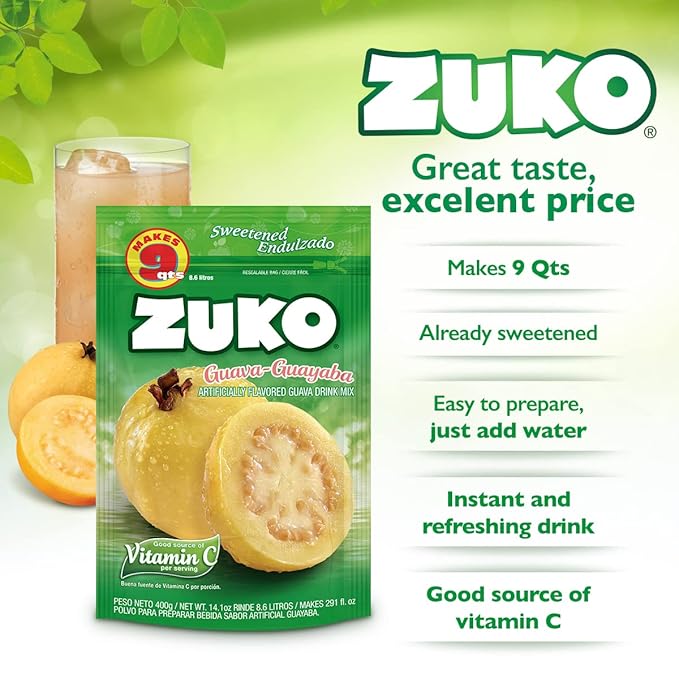 Zuko Guava Instant Powder Drink | Family Pack | No Sugar Needed | Vitamin C | 14.1 Ounce (Pack of 2)