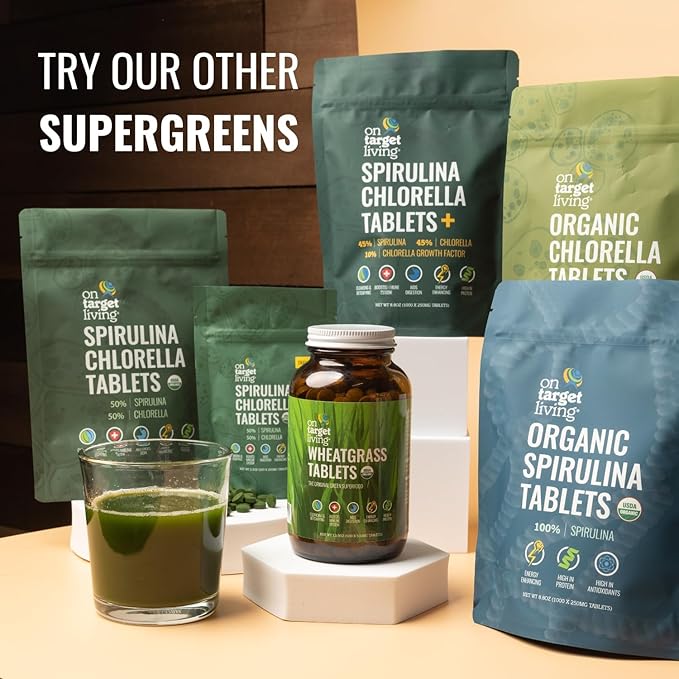 On Target Living Organic Spirulina Chlorella | USDA Organic | Vegan | Immune Support | Alkalyzing | Nutrient Dense | Protein Dense (2000 Tablets)