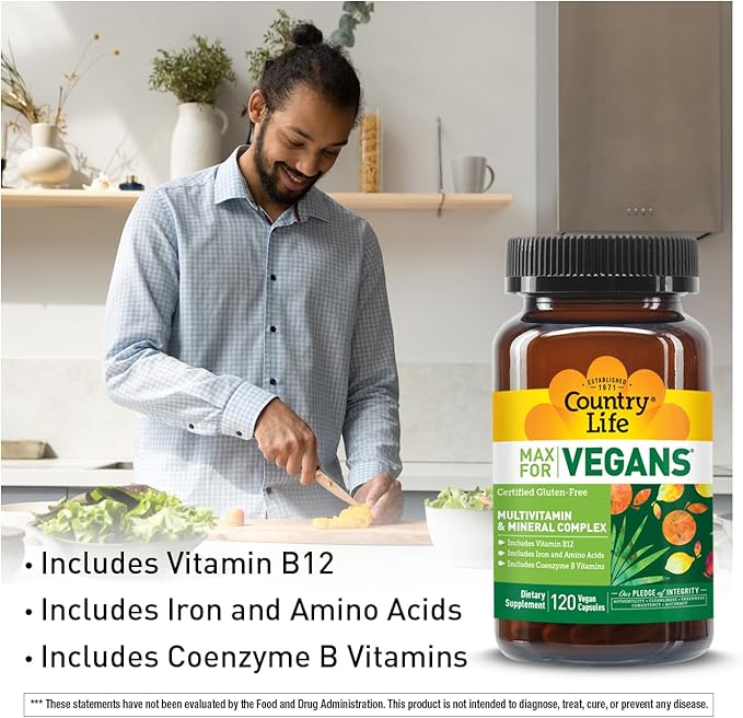 Country Life Max for Vegans - 120 Vegan Capsules - Daily Multivitamins - Immune Support Supplement - Contains Vitamin B12 Iron Amino Acids Coenzyme B Vitamins - Gluten-Free